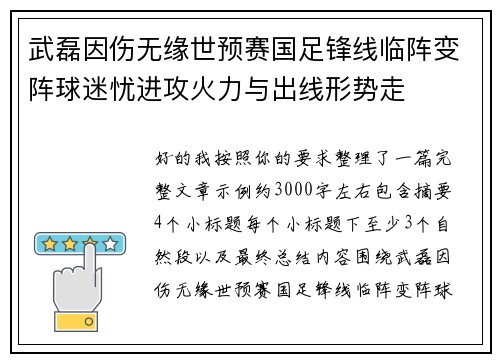 武磊因伤无缘世预赛国足锋线临阵变阵球迷忧进攻火力与出线形势走